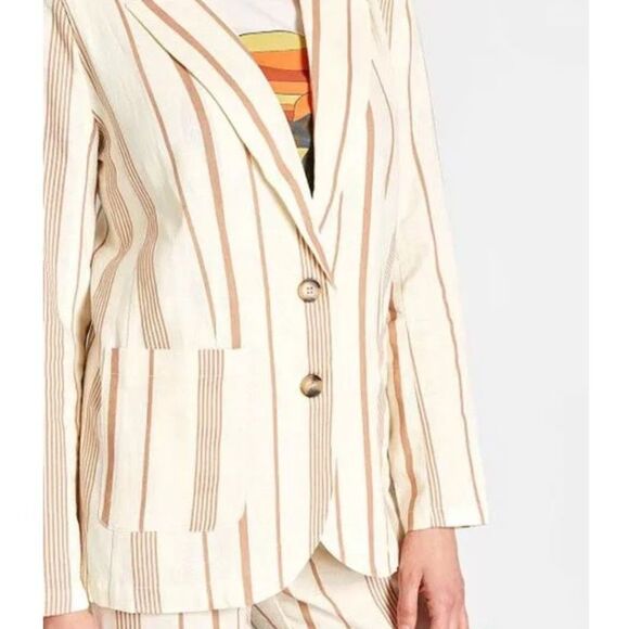 ModCloth Opportunity Linen/Viscose Blazer Cream Striped Front Pockets Light 1X - Picture 3 of 11